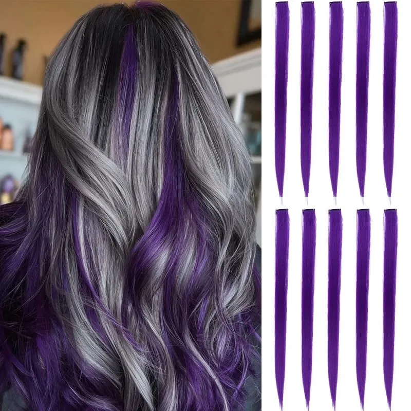 10Pcs Synthetic Colored Clip in Hair Extensions Hairpiece Party Highlights Straight Hair wig for Girls Kids Christmas Party Use