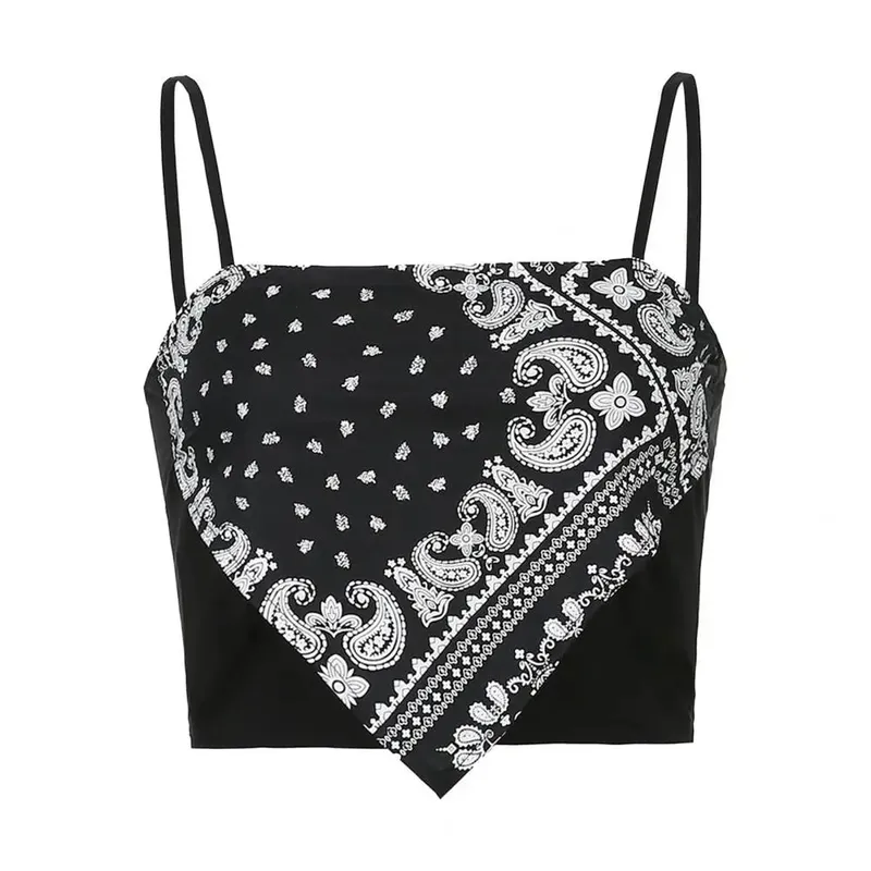 Spagetti Kayışı Tank Top Seksi Backless Kaşkorse Baskılı Bluz Yaz Zarif Parti Kadın Camiş Kore Tarzı Seksi Kısa Üst