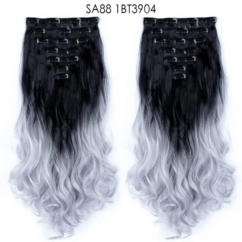 Clip in Long Wavy Synthetic Hair Extension 22 Inch Black 7PCS Thick Hairpieces Fiber Double Weft Hair for Women