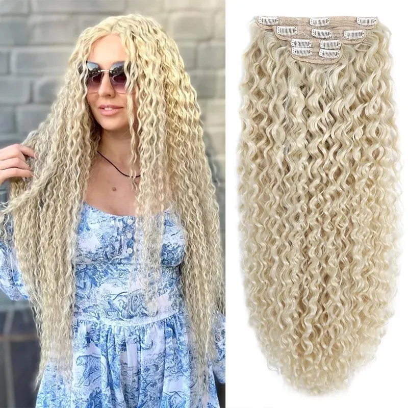 Synthetic Clip In Hair Extension Water Wave 28inch Long Curly Hair 4Pcs/Set 160g Full Head Fake Hairpiece For Women Daily Use