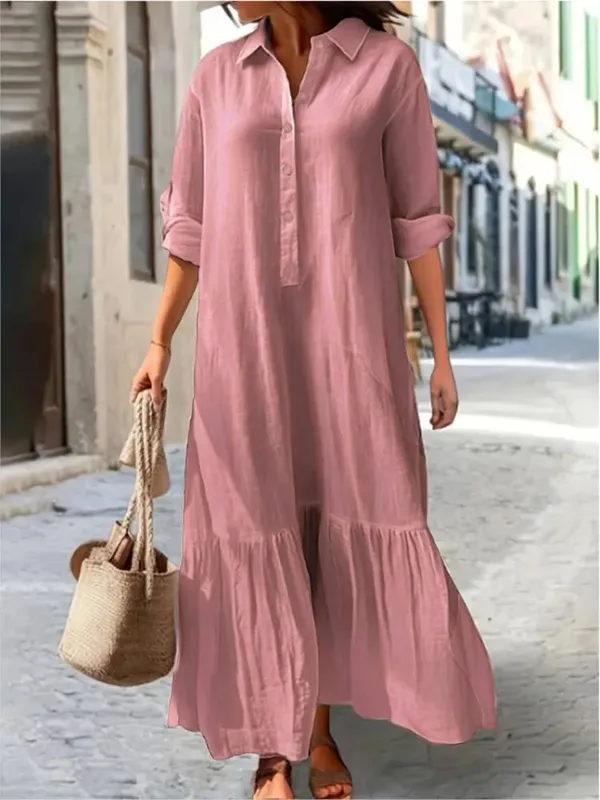 Cotton Linen Long Dress Women Long Sleeve Button Solid Color Casual Ruffles Loose Dresses Spring Autumn Comfortable Shirt Dress — image 4