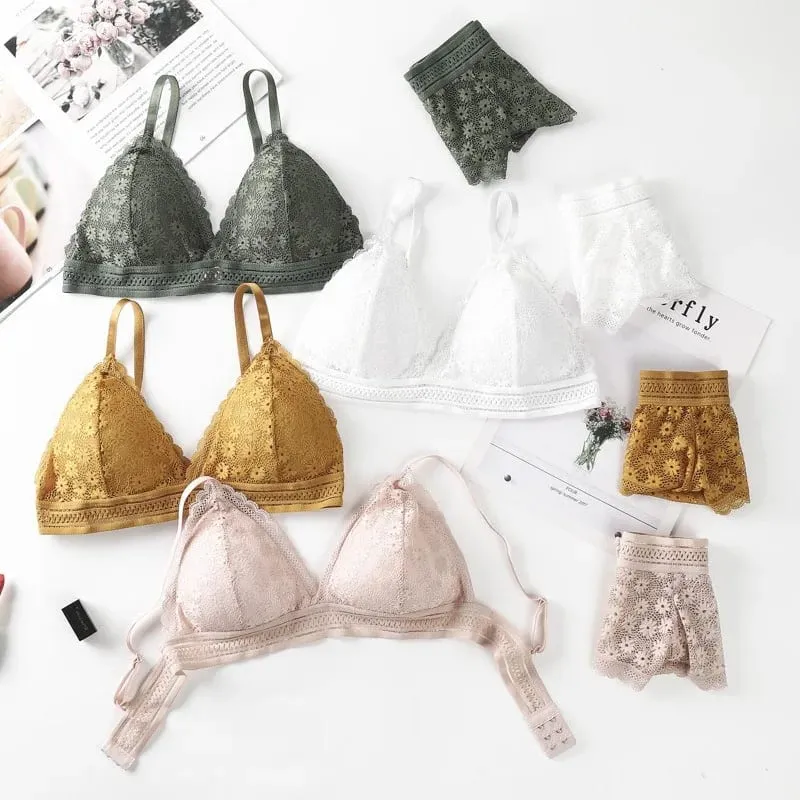 Lace Back Women Bra Set Without Steel Rims French Triangular Cup Comfortable Chest Covering Stretchable Skin Friendly Underwear — image 3