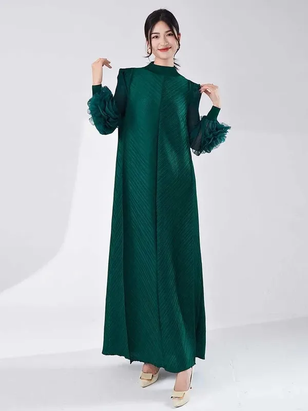 Long Pleated Dress With Ruffles Sleeves Loose Solid Color Stitching Female Party Clothing Summer New Clothes 2DA5900