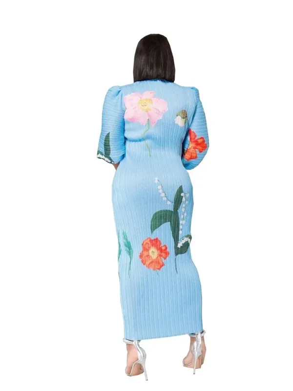 Wmstar vestidos femininos atacado moda senhoras de alta qualidade manga lanterna plissado flor impressão em torno do pescoço maxi vestido novo verão — image 7