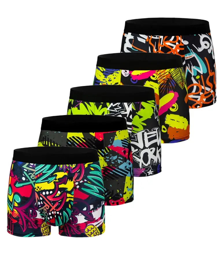 5-Pcs Men's Boxer Briefs Random Graffiti Print Trendy Christmas Pattern Underwear Comfortable Boxer Shorts