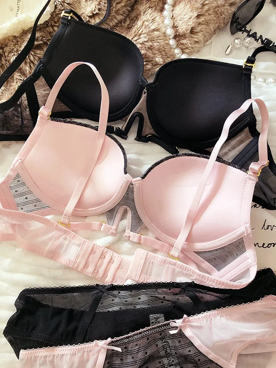 Sexy Hollow Underwear Set for Women 3/4 Cup Push Up Bra Lace Splicing Color Brassiere and Panties Ladies Intimates Lingerie — image 2