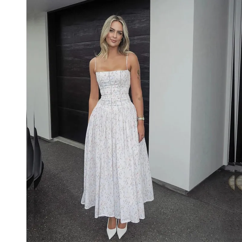 Mingmingxi Sommer Floral Print Kleid Elegante 2025 Neuheiten Spaghetti Strap Flare Kleid Maxi Urlaub Party Kleider Frauen