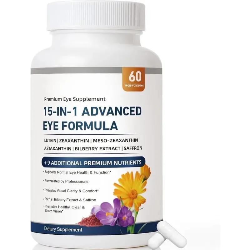 Fórmula avançada para os olhos 15 em 1, luteína, zeaxantina, extrato de mirtilo, vitamina C e E, apoia a saúde ocular, 60 cápsulas vegetais para adultos