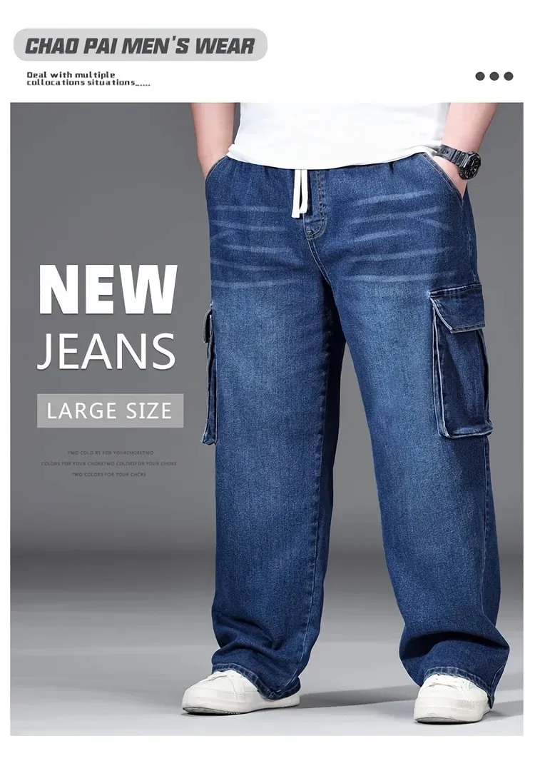 2026 New Men Oversized Jeans High Waist Elastic Drawstring Stretch Baggy Denim Pants Casual Versatile Plus Size Trousers