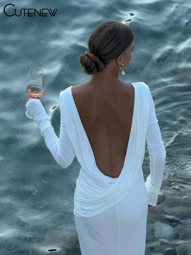 Cutenew High Street Women Maxi Dresses Classic Solid Backless Full Sleeve Sheath Concise Robe Female Elegant Banquet Vestidos — image 3