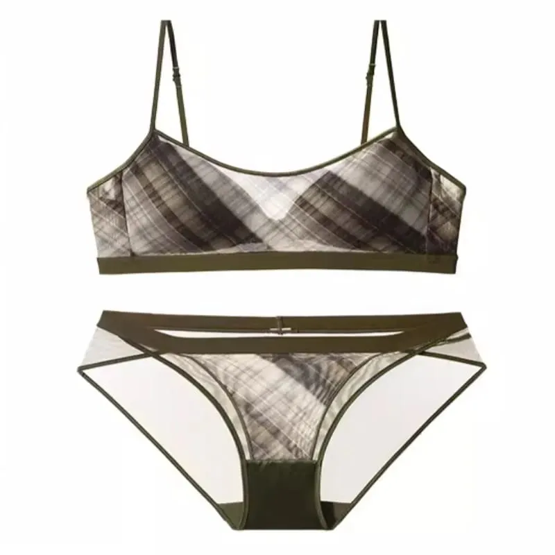 Women American Retro Plaid Intimates Set Thin Push Up Bra Anti Sagging Armpit Fat Support Comfort Everyday Wear