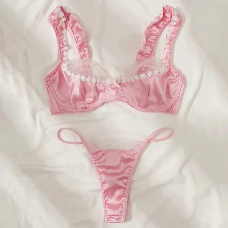 Sweet Pink Satin Lingerie Set Lace Floral Bra Luxury Underwear Bridal Intimate Lingerie Polka Dot Mesh Splicing Sexy Lingerie — image 1