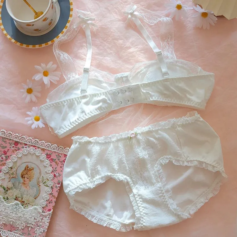 Vintage iç çamaşırı prenses beyaz dantel iç çamaşırı pamuk balenli sütyen ve külot seti japon küçük göğüsler seksi ve sevimli Bralette — image 6