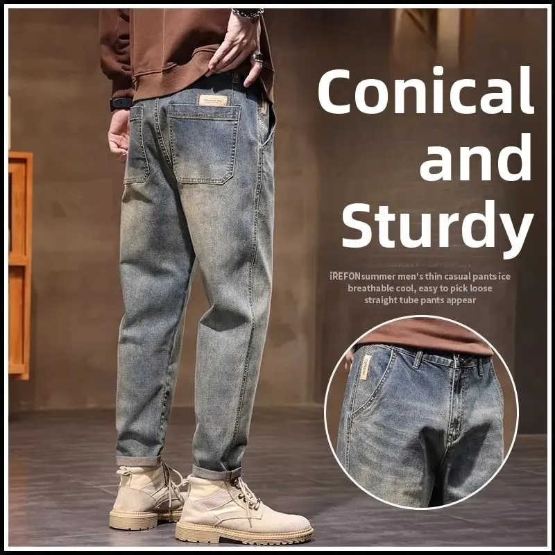 Spring Summer New Retro Men's Jeans Straight Leg Elastic Casual Versatile Classic Mid-Rise Long Pants Comfortable Fit