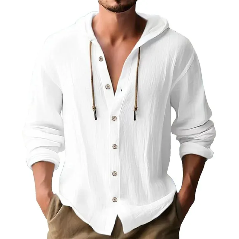 Men's Solid Color Casual Shirt Hooded Drawstring Cotton and Linen Cardigan Trendy and Versatile Loose Beach T-Shirt