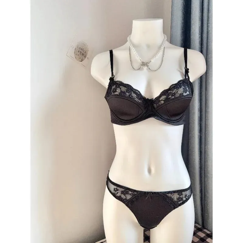 French Premium Satin Half Cup Lace Underwear Women's Thin Sexy Gathering Top Support Glossy Bra Set Big Breasts Small 32-38 Set