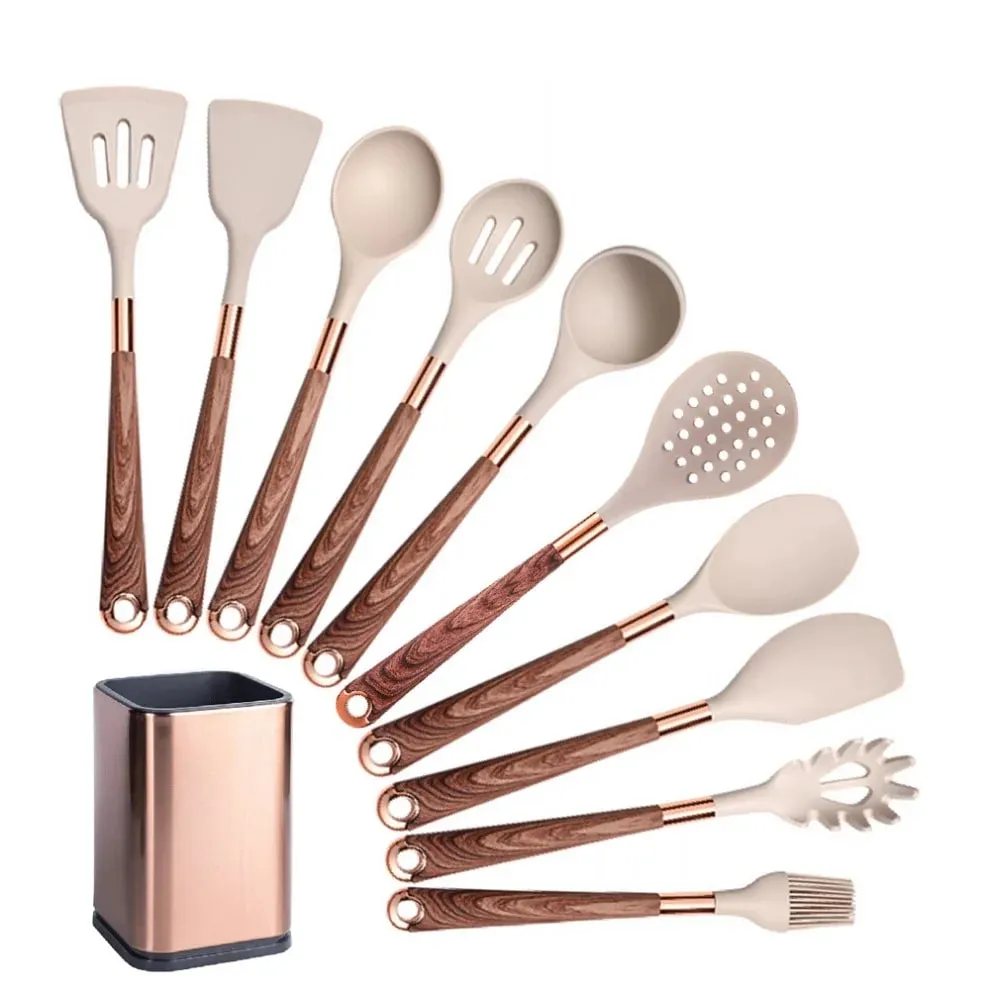 Silicone Cooking Utensils Set Non-Scratch Non-Stick Heat Resistant Spatula Spoon Rose Gold Handle With Bucket Kitchen Gift — image 10