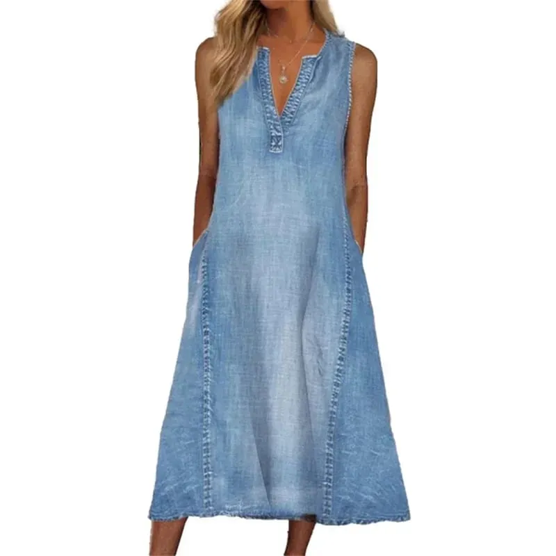 Women Side Double Pocket Deep V Neck Pullover Dress Thin Denim Sleeveless Dresses 2024 Summer Casual Female Office Commuter Gown — image 1