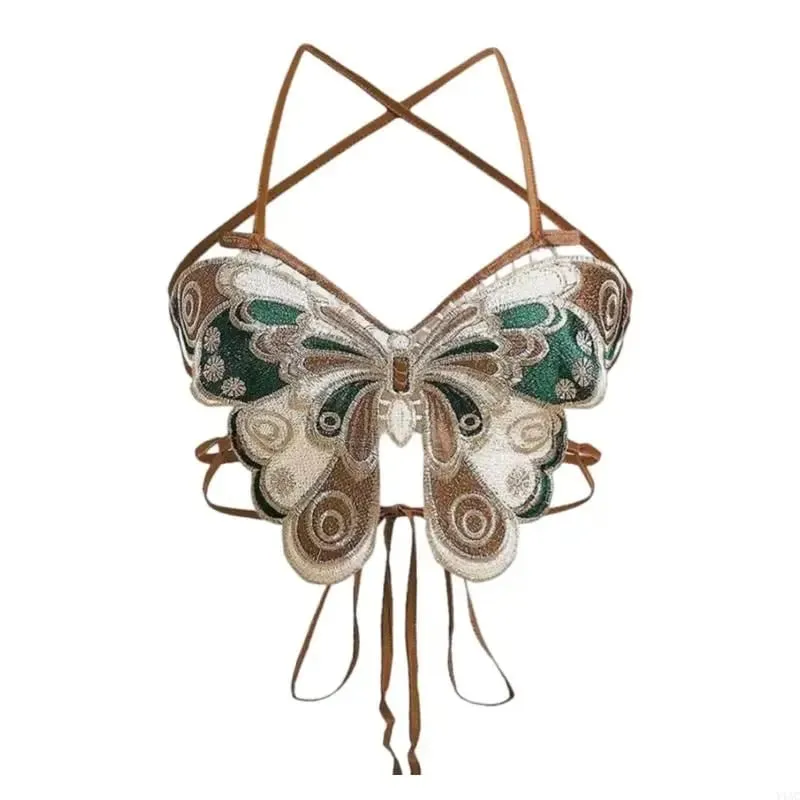 Y1AC Women Strappy Backless Beach Crop Top Butterfly Embroidery Halterneck Camisole