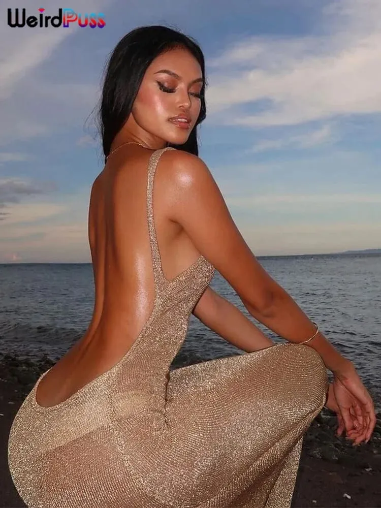 Weird Puss See Through Γυναικείο φόρεμα 2024 Summer Thin Sleeveless Glitter Splits Κοκέτα με εξώπλατο ρούχο συλλόγου Beach Sexy Vestidos