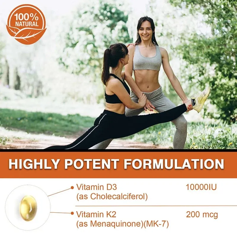 Vitamin D3 10000 IU with K2 200 Mcg | 2 in 1 Support Immune Heart Joint Teeth & Bone Health