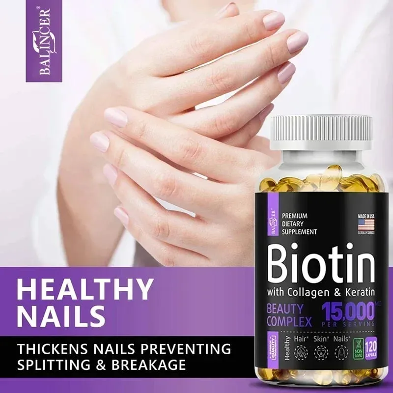Biotin Supplement - 15 000 Mcg with Collagen and Keratin Vitamins Shiny Hair Skin and Nails Joint Health 30/60/120 Capsules