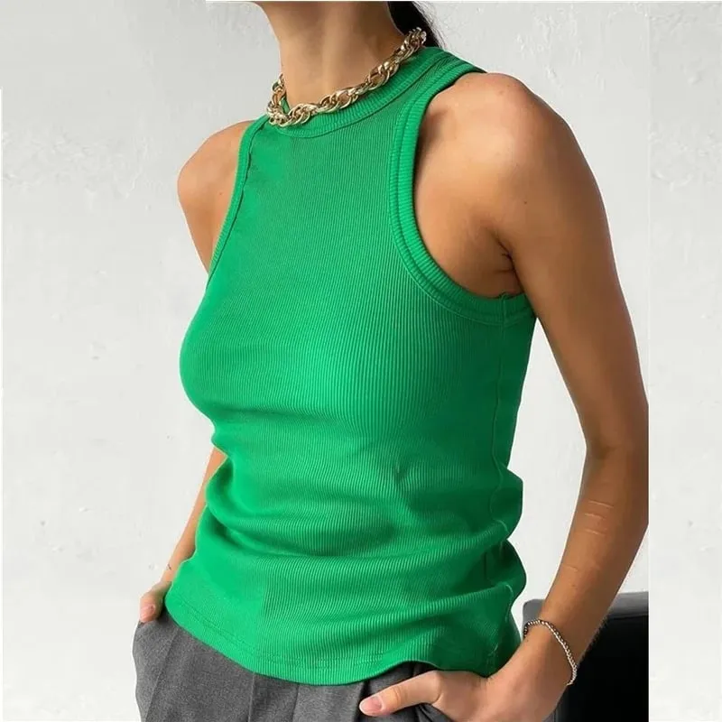 Ribbed Knitted Tops Neck Summer Basic Shirts White Black Casual Sport Vest Off Shoulder Green Women's Tank Top — image 3
