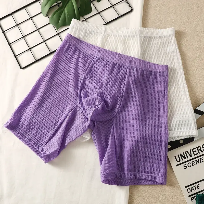 Mens Boxer Shorts Transparent Mesh Underwear Man Lace Panties Solid Breathable U Convex Pouch Underpants Cueca Calzoncillo M-XXL