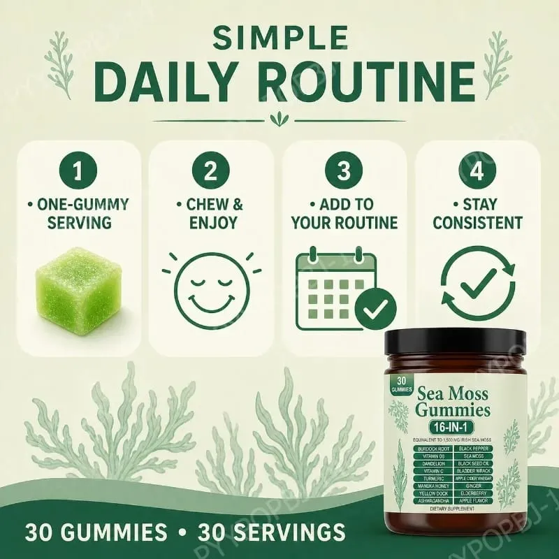 Irish Sea Moss Gummies 1500mg Equivalent 16 in 1 Botanical Blend Apple Flavor Daily Wellness Supplement 30 Count