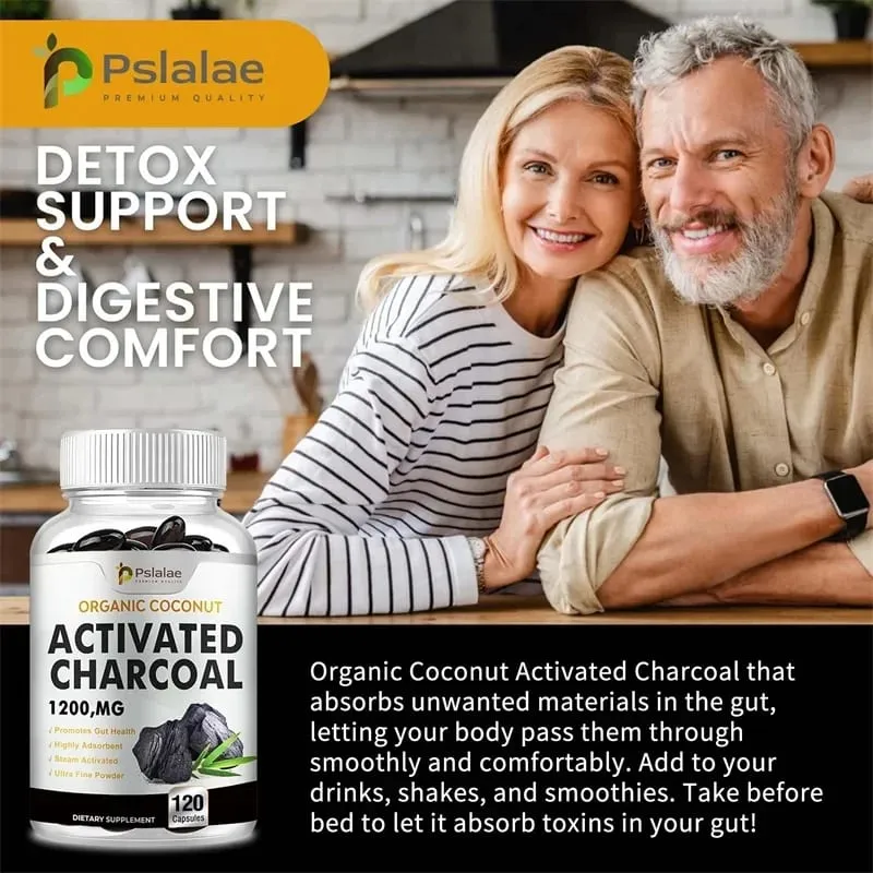 Activated Charcoal Capsules 1 200 Mg - Organic Coconut Shell Helps Relieve Gas & Bloating Detox & Bowel Digestive Supplement