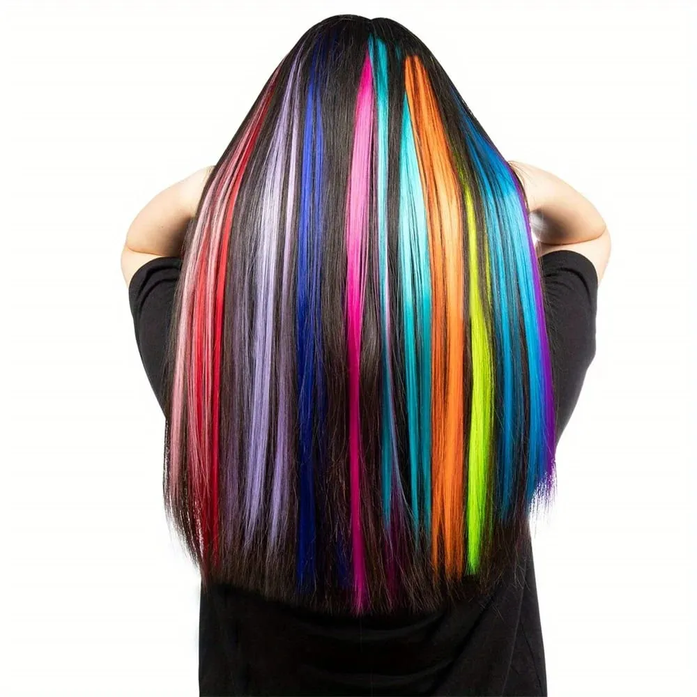 12pcs/pack Rainbow Colored 22 Inch Clip-in Hair Extensions Long Straight Synthetic Hairpieces for Women Girls Party Highlights — image 4