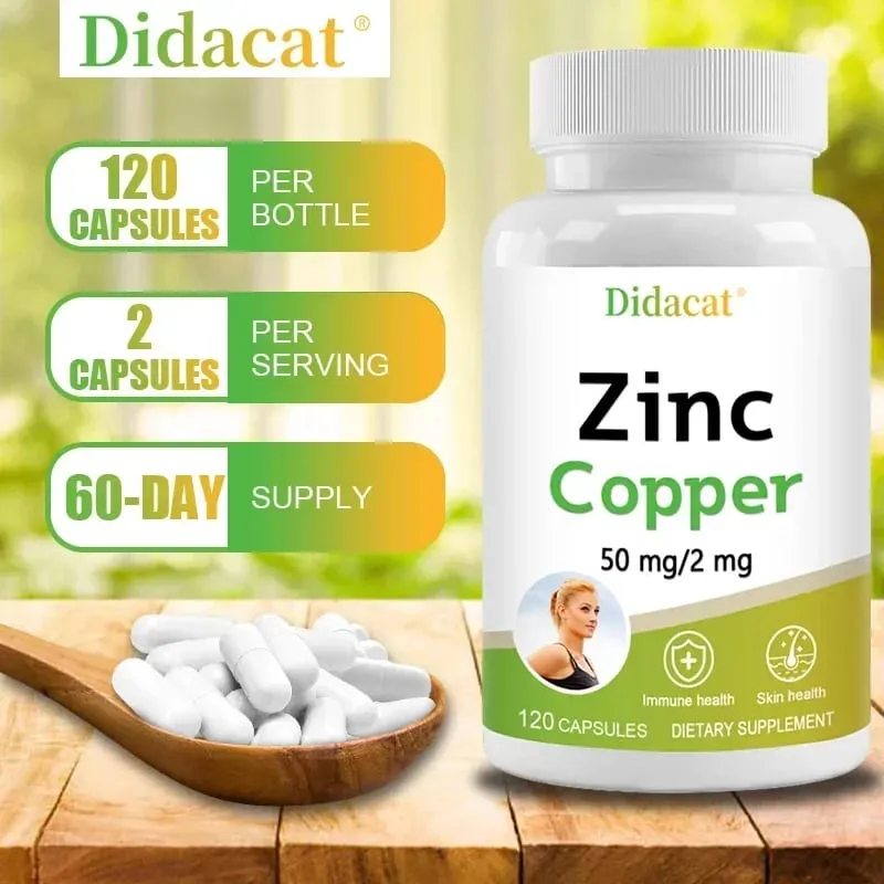 Zinc and Copper Dietary Supplement 120 Capsules Mineral and Antioxidant Supplement Immunity and Mood Supports Skin Health