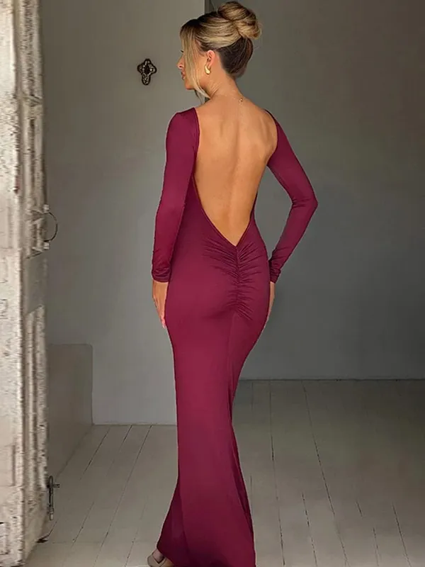 Hugcitar Spring Elegant Long Sleeve Backless Solid Cuched Sexy Bodycon Maxi Prom Dress Women Outfit Evening Party Festival Y2K — image 9