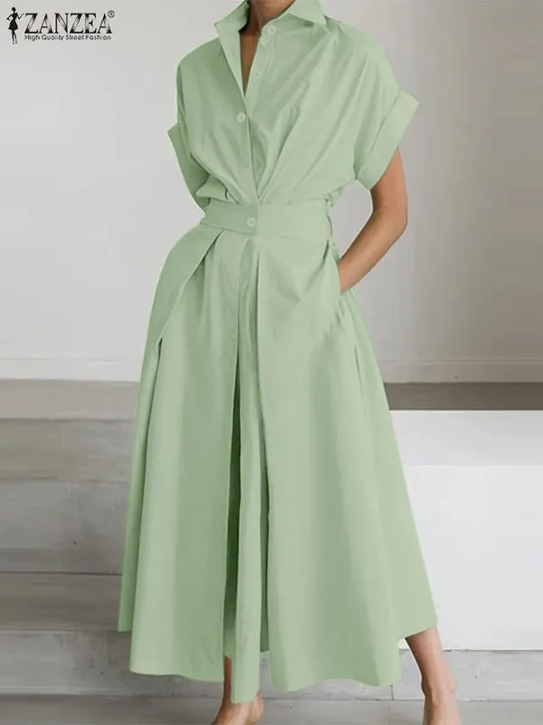 Elegant Chic Women Long Dresses Casual Short Sleeve Collared High Waisted Casual & Day Shirt Dress Solid Color S-3XL