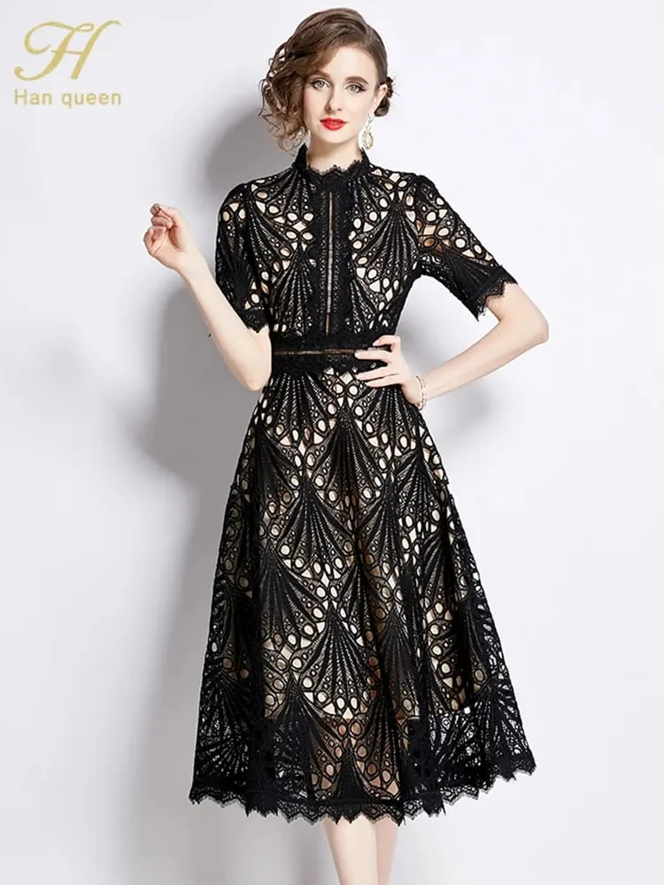 H Han Queen Spring New Elegant Casual Work Party Dresses Floral Crochet Hollow Out Lace Patchwork Casual Office Midi Dress