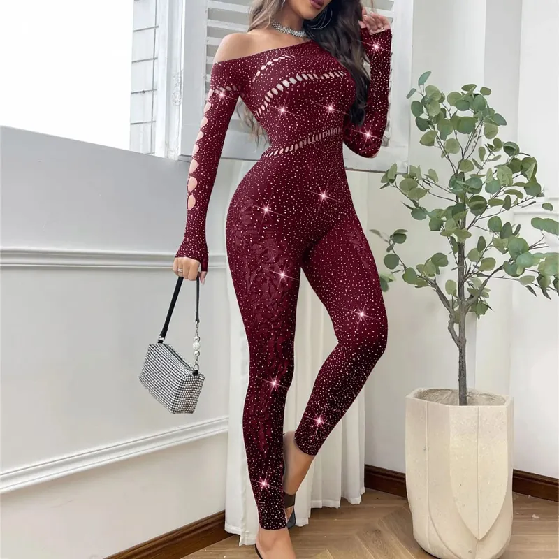 ผู้หญิงเซ็กซี่ตาข่าย Rhinestone Jumpsuit แขนยาวดูผ่านยืดถุงน่อง Jumpsuit Club PLUS ขนาดสต็อกชุดชั้นใน — image 11