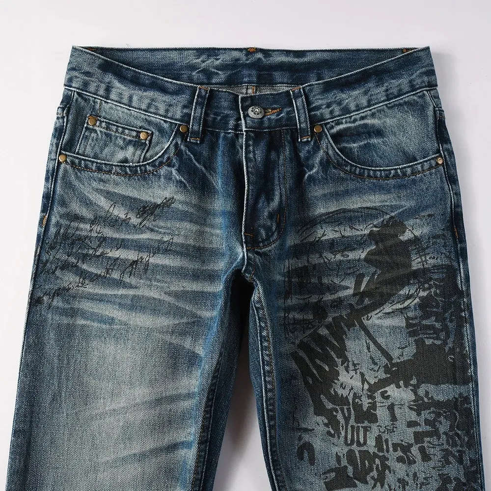 Men's Boot Cut Denim Jeans Slim Flared Pants Blue Stretch Long Trousers High-Quality Pattern Print