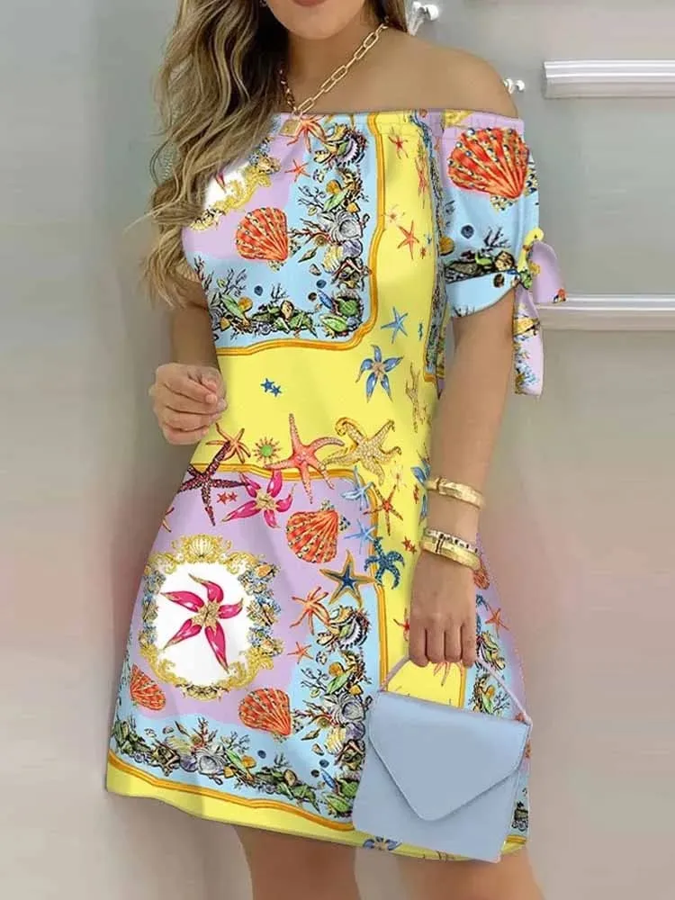 Women Off Shoulder Mini Dress Summer Sexy Short Sleeve Bow Tie Striped Floral Print Dresses Fashion Casual Loose Dress