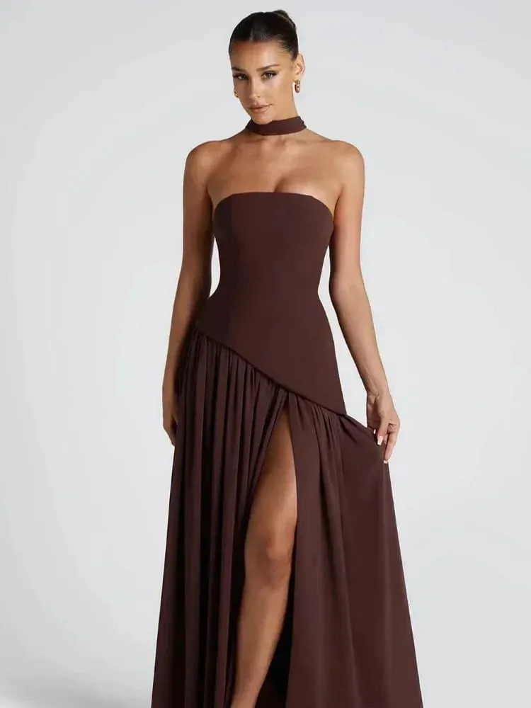 Solid Spliced Ribbon Maxi Dress Women Elegant Strapless Sleeveless Slit Long Dresses 2025 New Summer Holiday Party Lady Vestidos — image 7