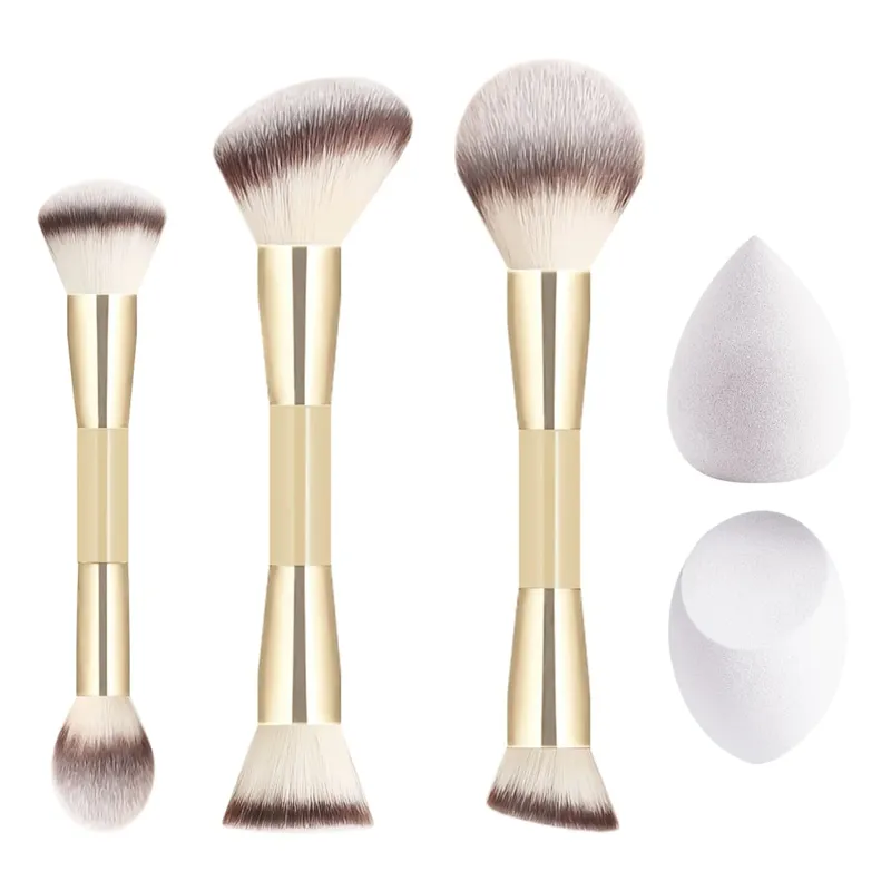 5Pcs Makeup Tool Set 3 Double Ended Brushes 2 Beauty Sponges For Foundation Blush Contour Face Cosmetic Kit