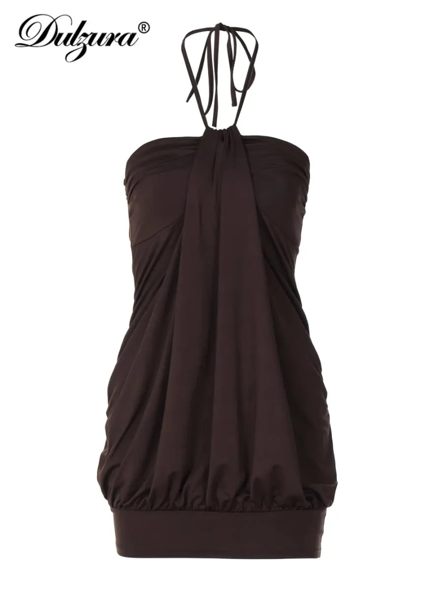 Dulzura Sexy Mini Halter Ruched Backless Short Dress Solid Sleeveless Women Dresses Summer Lady Party Birthday Club Clothes Y2K