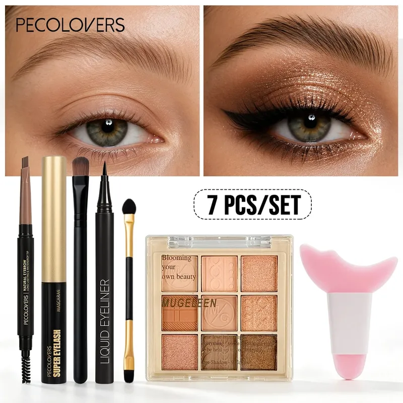 7PCS Eye Set Eyeshadow Palette + Eyeliner + Mascara + Double-ended Eyebrow Pencil Matching Makeup Tools Eye Highlighter