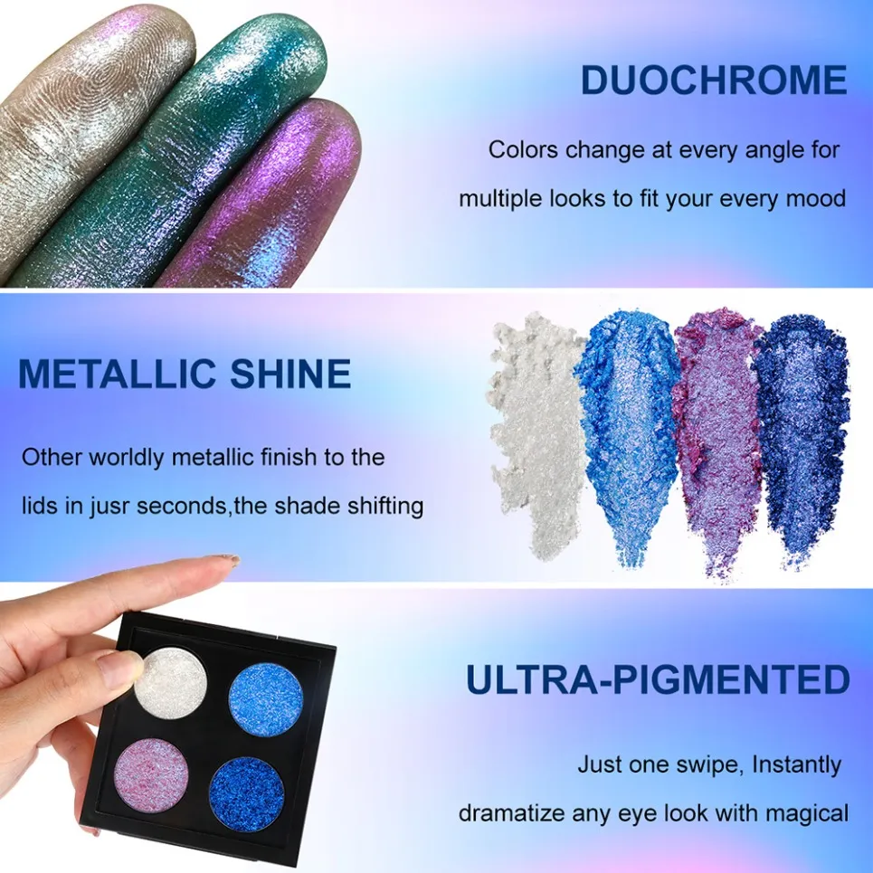 Paleta de sombras camaleão vegano de 4 cores, maquiagem de marca própria, atacado, logotipo personalizado, sombra de olhos com mudança de cor