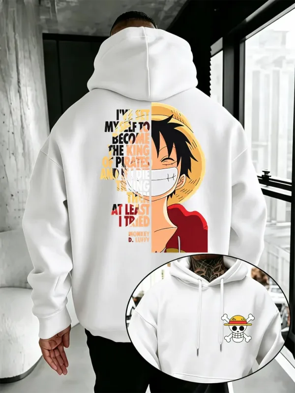 Jednoczęściowa bluza z kapturem Anime Monkey D Luffy nadruk z cytatem Streetwear unisex mężczyźni kobiety ponadgabarytowe bluzy na co dzień z długim rękawem