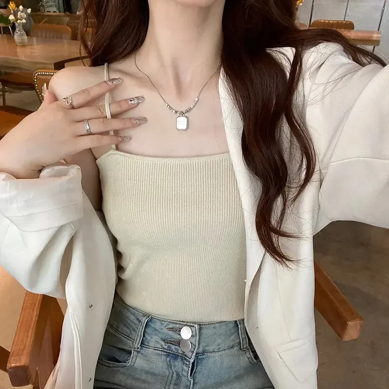 여름 민소매 캐미 백 레스 스트랩 탱크 탑 캐주얼 여성 홀터 자르기 탑 슬림 솔리드 짧은 여성 튜브 자른 조끼 2026