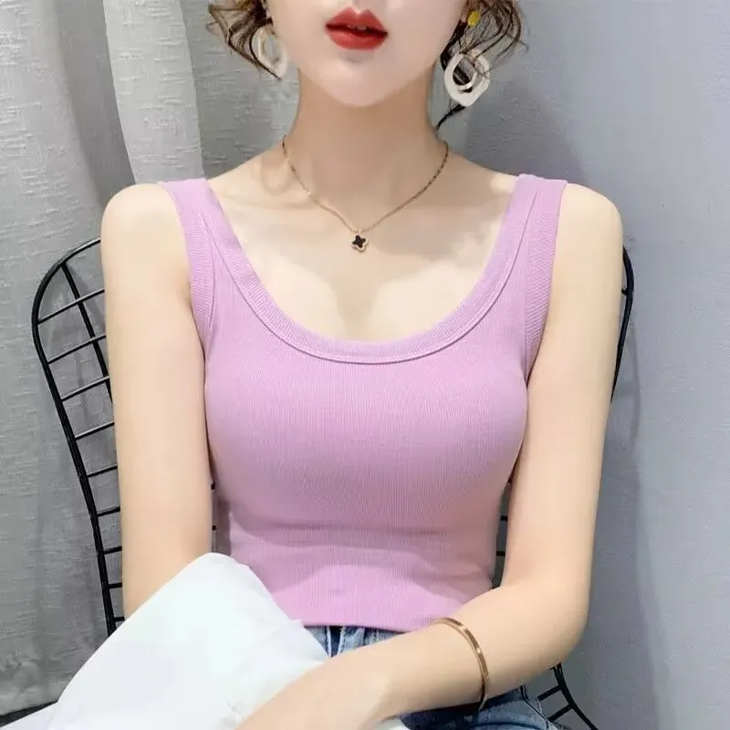 2023 Summer Women Basic Ribbed Knitted Tank Top Solid Color Sleeveless T-shirts Casual Camis Green Blue Elastic Female Tops