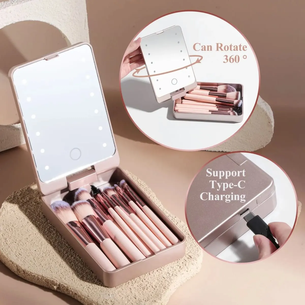 14 PCS Makeup Brush Set With Illuminated Mirror Portable Short Handle LED Light USB Rechargeable Makeup Brushes Kit — image 2
