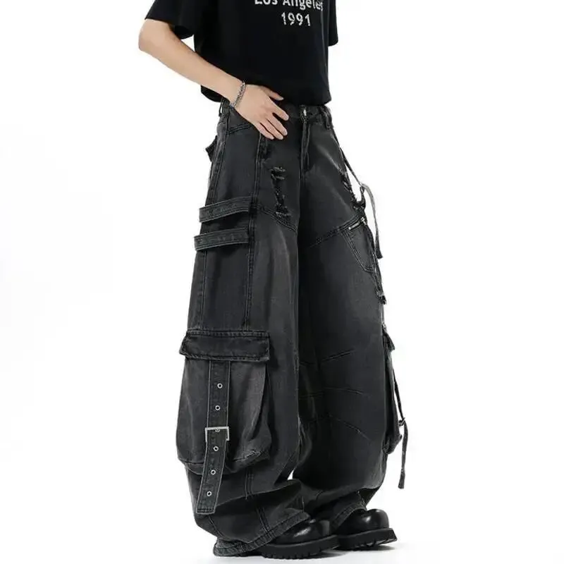 American Style Men's Jeans Solid Color Multi Pockets Casual Worn-out Trousers Deconstruction Wide Leg Denim Pants 9W4066