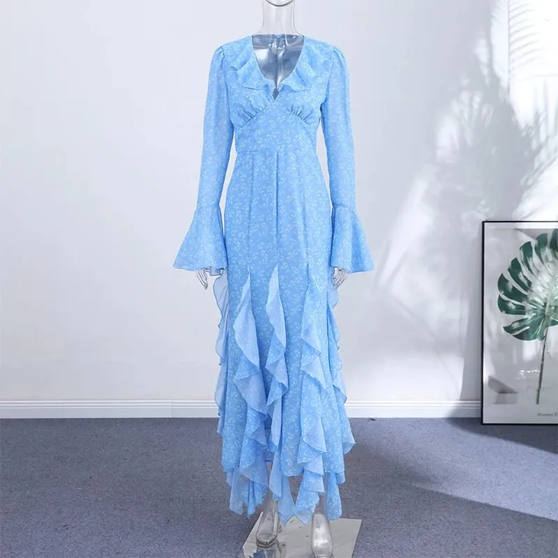 Gaun Panjang Kerah V Motif Wanita Gaun Maxi Slim Fit Pinggang Tinggi Tepi Daun Teratai Lengan Menyala Gaun Pesta Malam Elegan Wanita