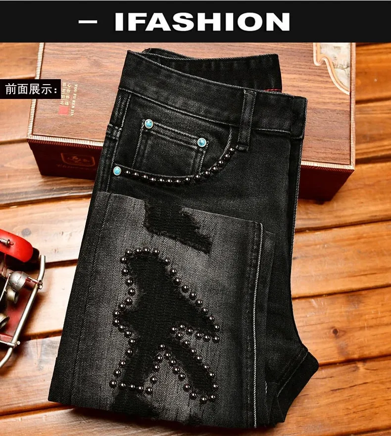 Design de decoração de metal preto jeans masculino na moda rasgado moda retro nostálgico rua magro ajuste calças magras — image 8